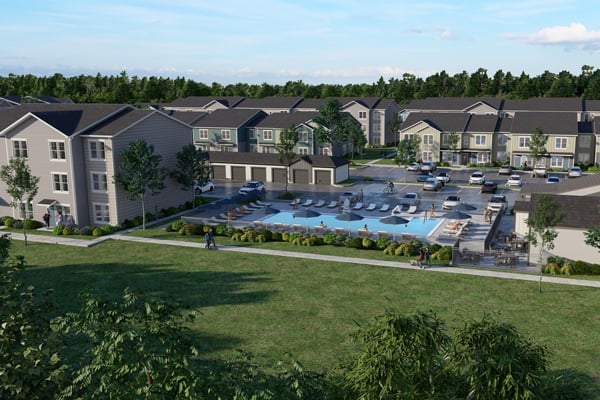 Rendering of the Authentix Lakeville community. Shows apartment buildings with community swimming pool.