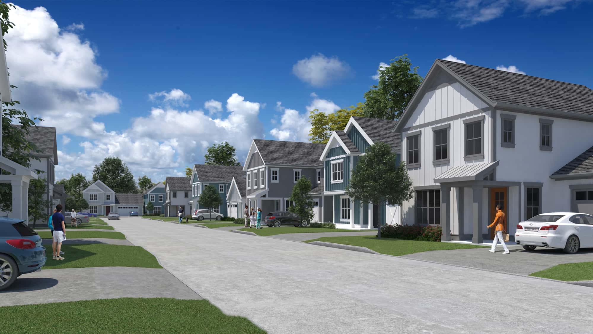 Rendering of neighborhood with two story houses green lawns and cars in driveways